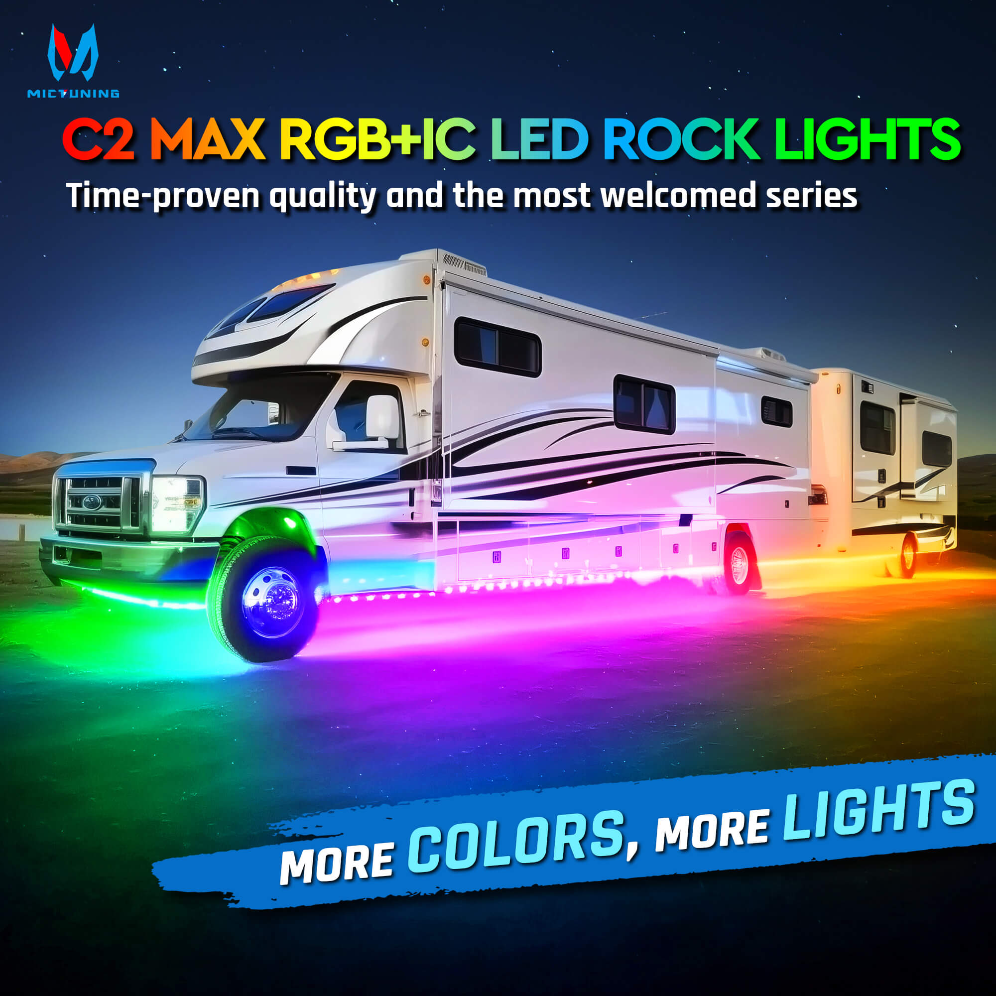 C2 Max RGB+IC Chasing Color Rock Lights Kit, 8/16 Pods, IP68 Waterproof, White Housing