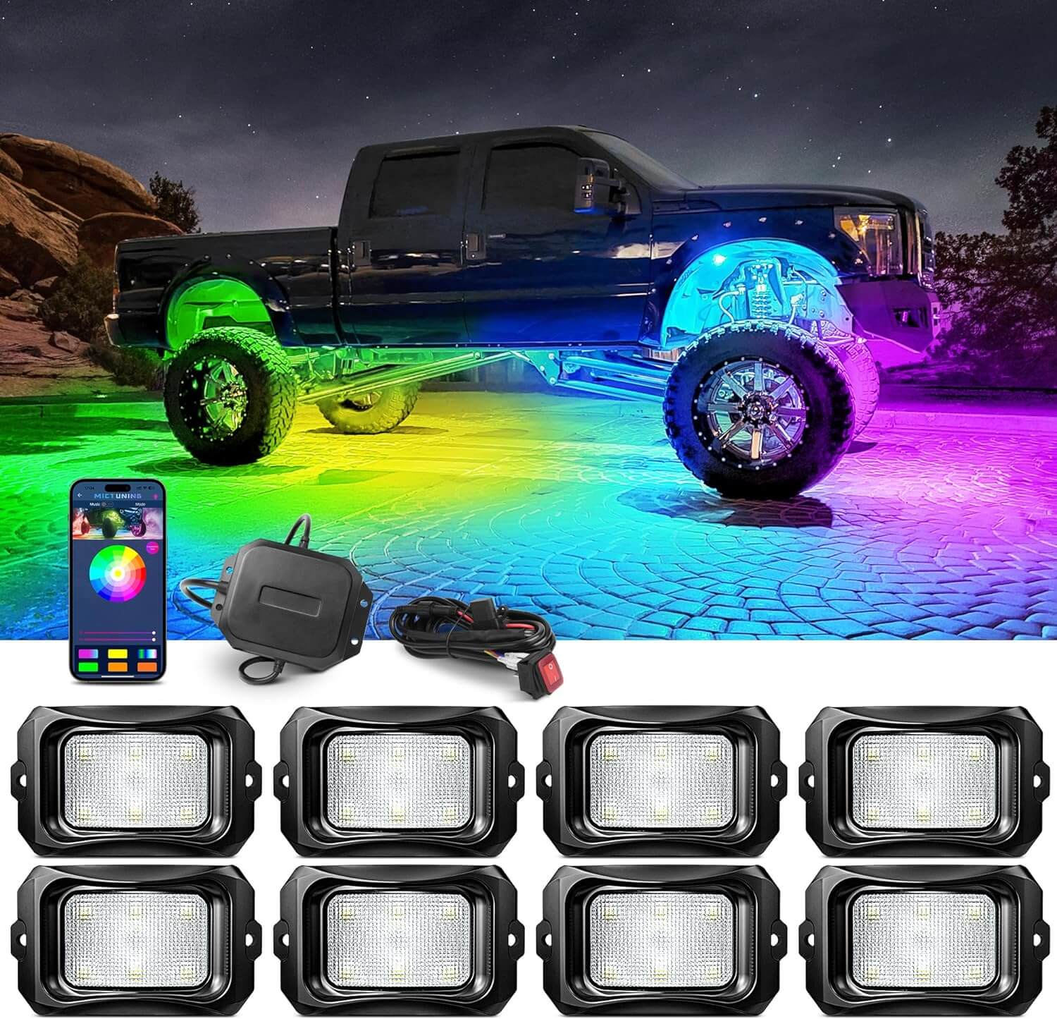 C2 RGB+IC Chasing Color LED Rock Lights Kit Bundle W1 3FT/4FT Spiral LED Whip Lights Kit