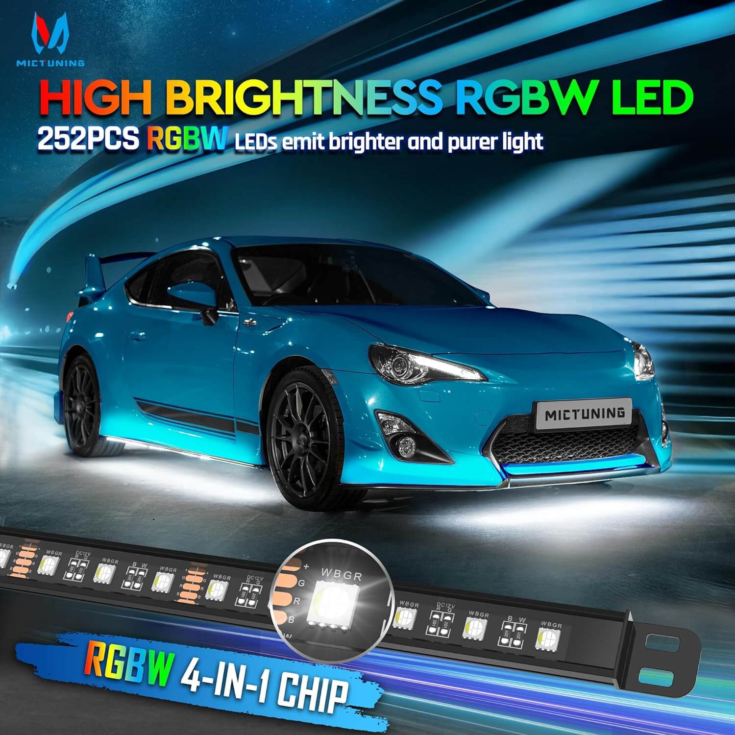 N8 Aluminum LED Car Underglow Light Kit, Exterior Underbody Multicolor Light Strip 8PCS - App+Remote Control（RGBW/RGB+IC）