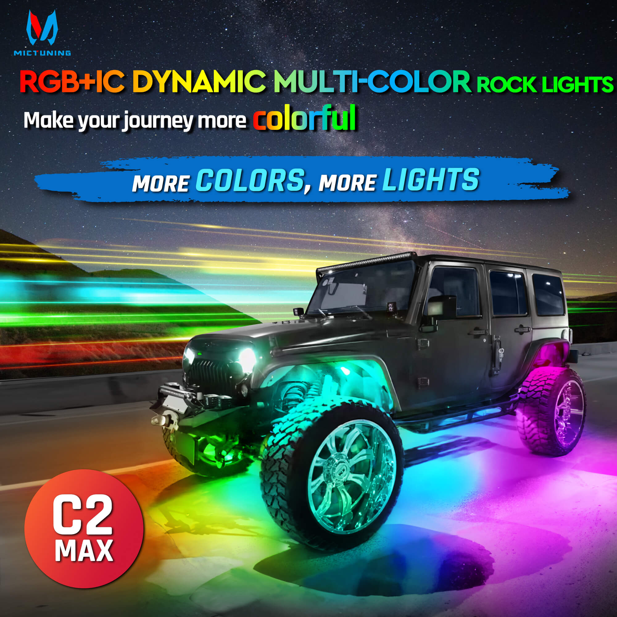 C2 Max RGB+IC Chasing Color Rock Lights Kit, 2-24 Pods, IP68 Waterproof, Black Housing