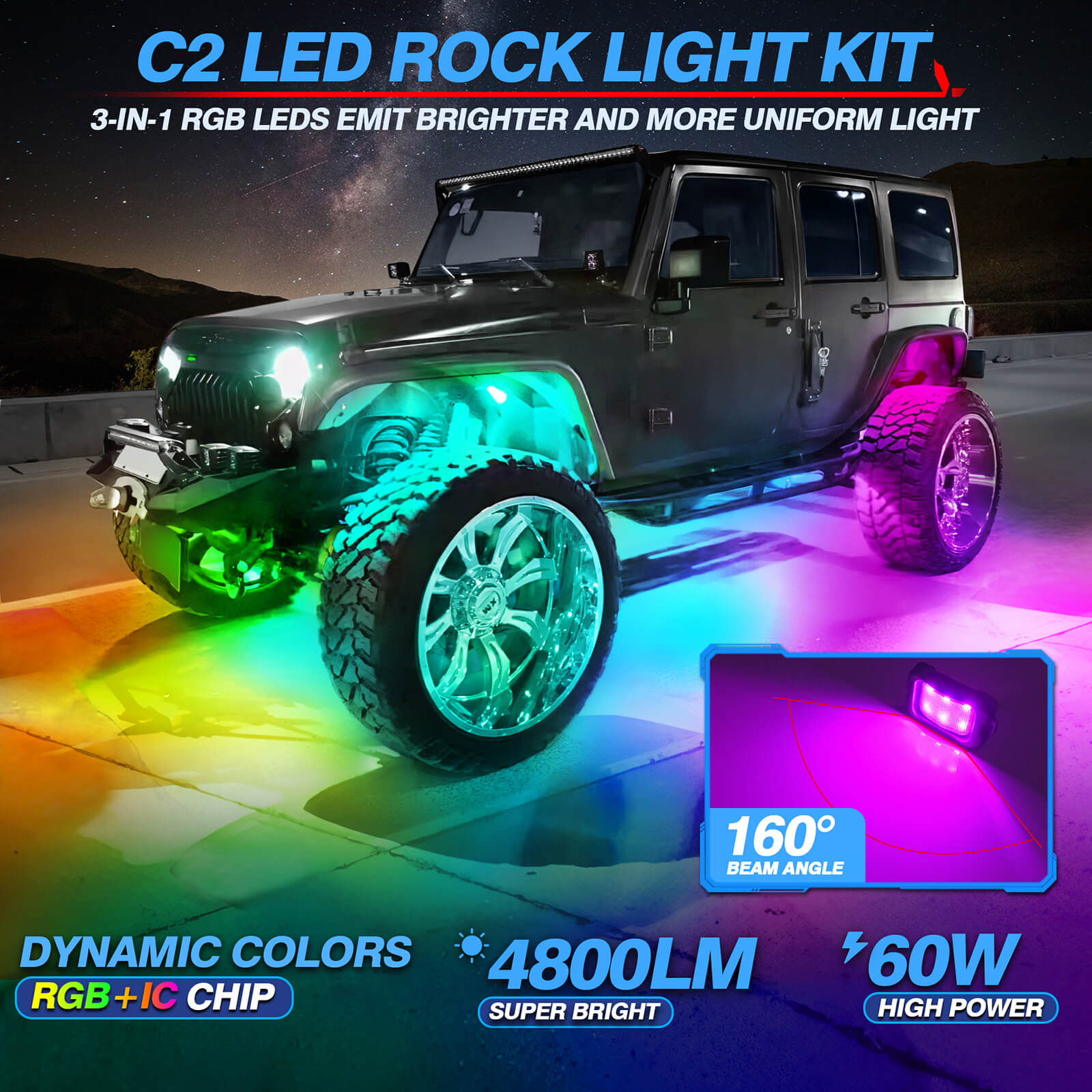 C2 RGB+IC LED Rock Lights Kit, 2-24 Pods, Dynamic Lighting Modes, IP68 Waterproof