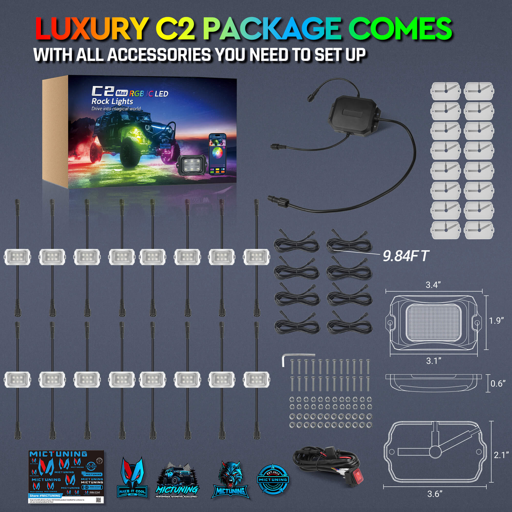 C2 Max RGB+IC Chasing Color Rock Lights Kit, 8/16 Pods, IP68 Waterproof, White Housing