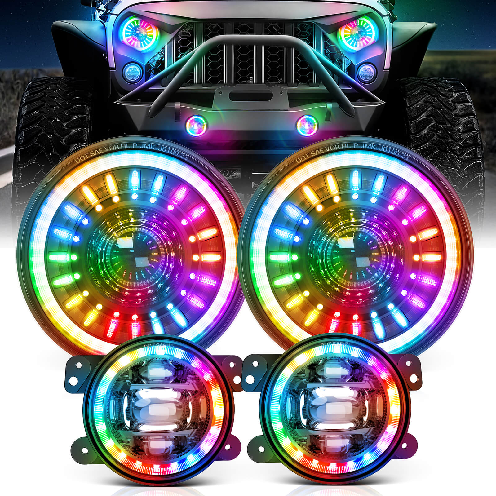 J1 RGB+IC 7″ Anti-glare LED Headlights Bundle with W1  3FT/4FT LED Whip Lights