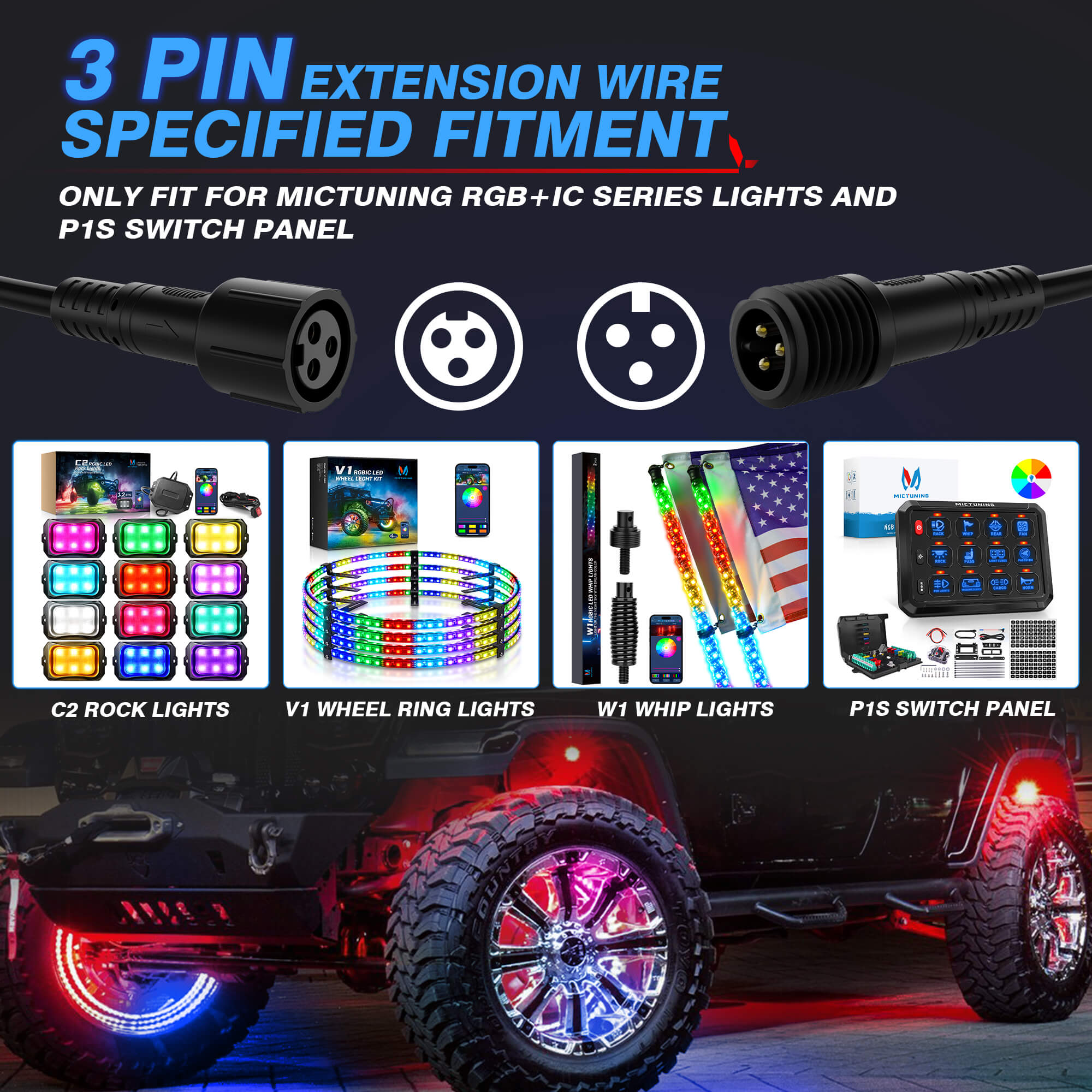 6.56FT 3-Pin Extension Cord Wire Cable for RGB+IC C2, V1, W1 Series Lights, P1s Switch Panel and Mictuning Whip Lights(Except for Whipless Whip Lights)