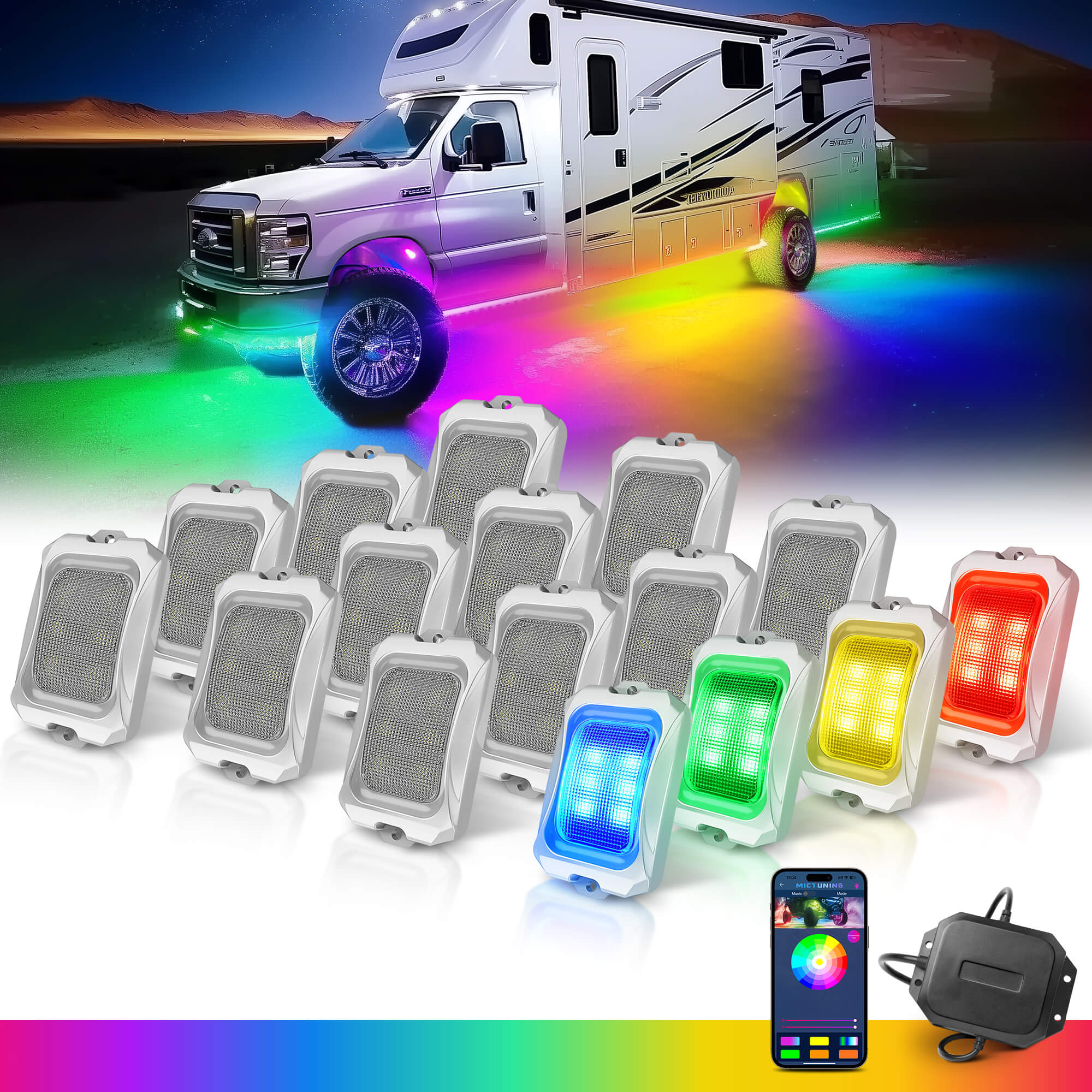 C2 Max RGB+IC Chasing Color Rock Lights Kit, 8/16 Pods, IP68 Waterproof, White Housing