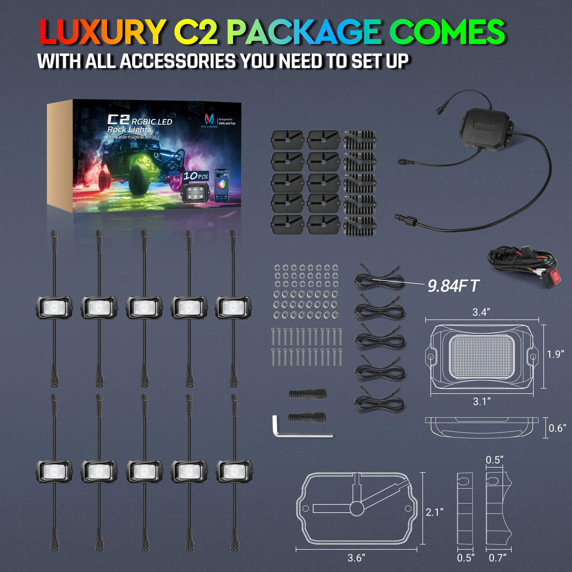 C2 Max RGB+IC Chasing Color Rock Lights Kit, 2-24 Pods, IP68 Waterproof, Black Housing