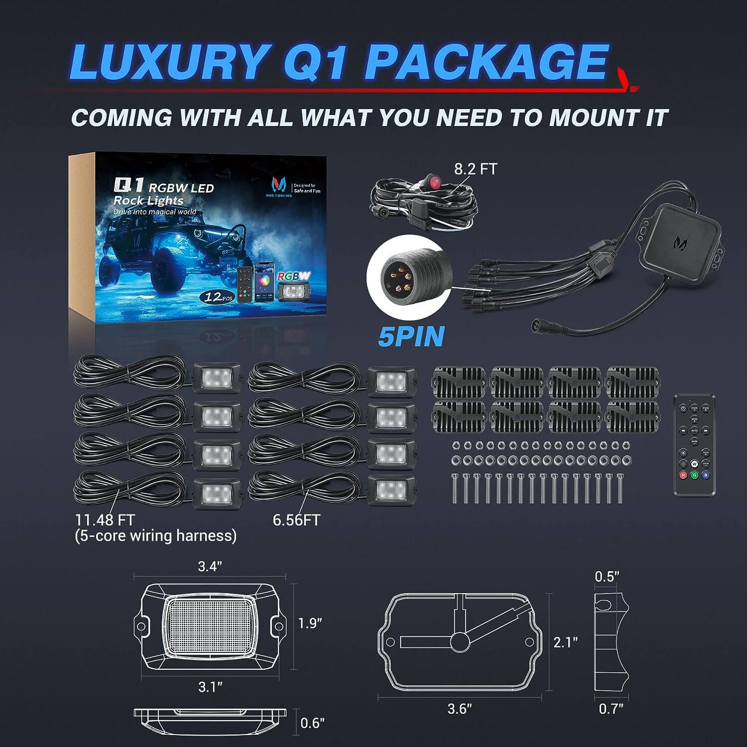 Q1 RGBW LED Rock Lights - 8 Pods Multicolor Neon LED Light Kit, APP + Remote Control