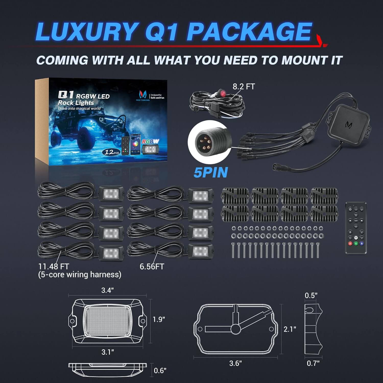 Q1 RGBW LED Rock Lights - 4-16 Pods  Neon LED Light Kit, APP + Remote Control
