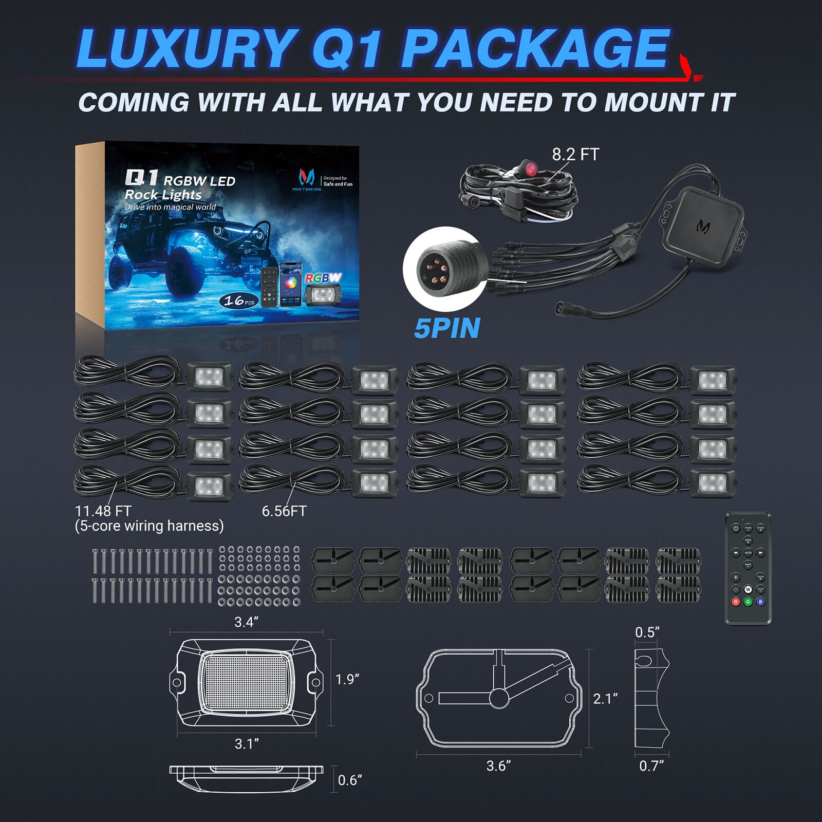 Q1 RGBW LED Rock Lights - 4-16 Pods  Neon LED Light Kit, APP + Remote Control