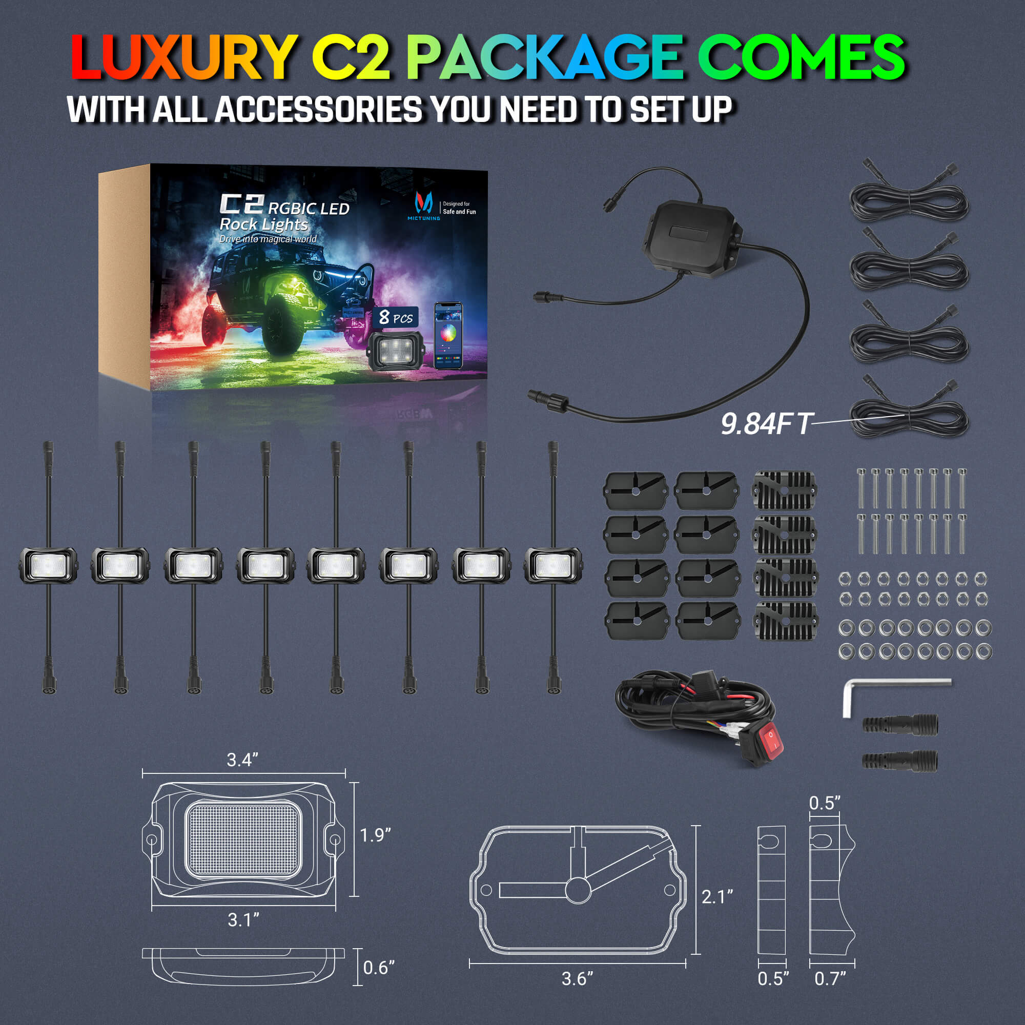 C2 RGB+IC LED Rock Lights Kit, 2-24 Pods, Dynamic Lighting Modes, IP68 Waterproof