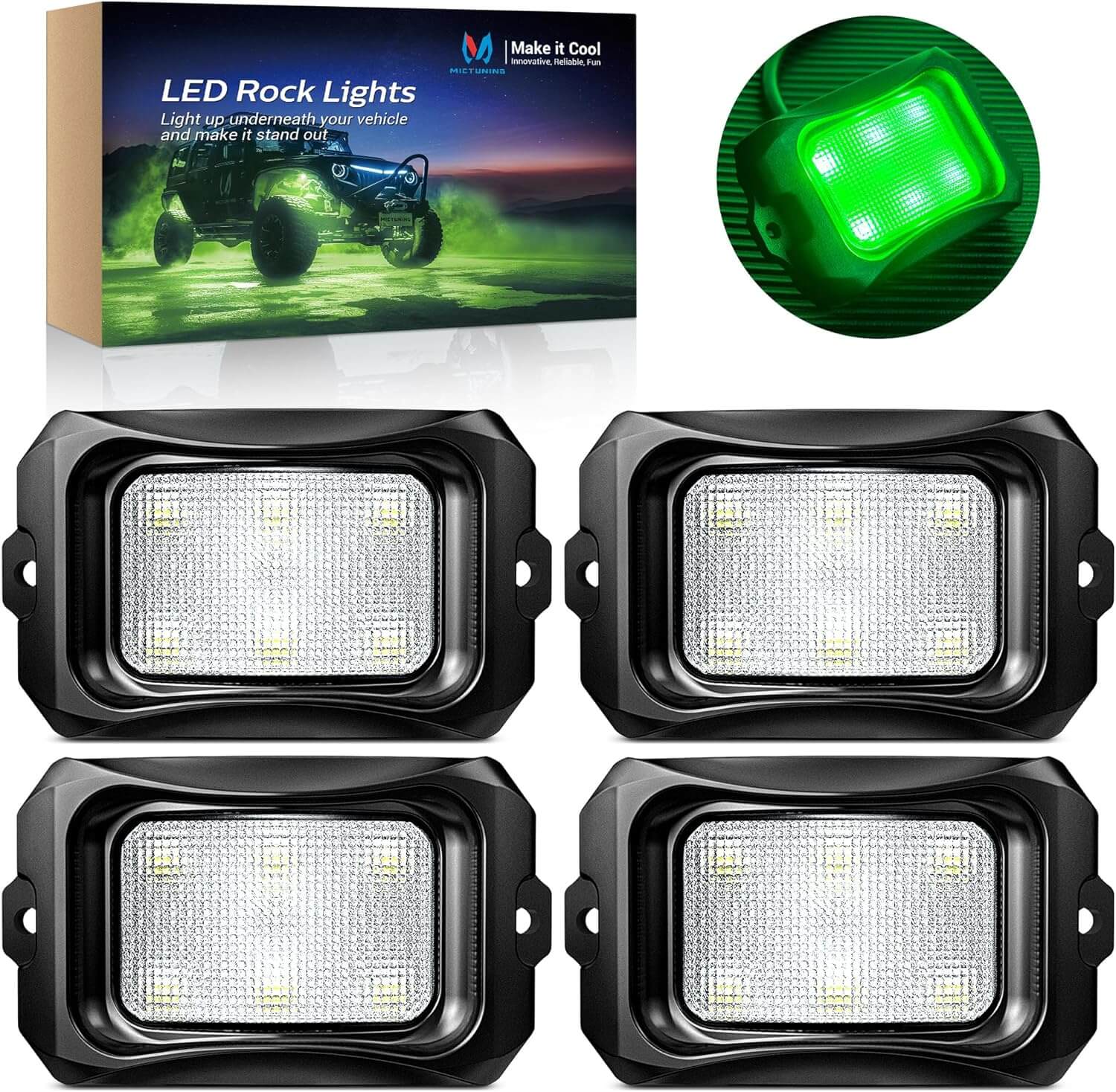 C2 Curved LED Rock Light Pure Sigle Color 4 Pods, White/Blue/Green