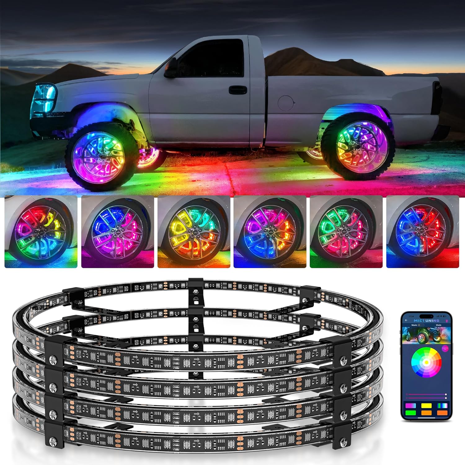 V1 RGB+IC Chasing Color Wheel Ring Lights Kit Bundle with W1 3FT/4FT Whip Lights with Flag 10pcs