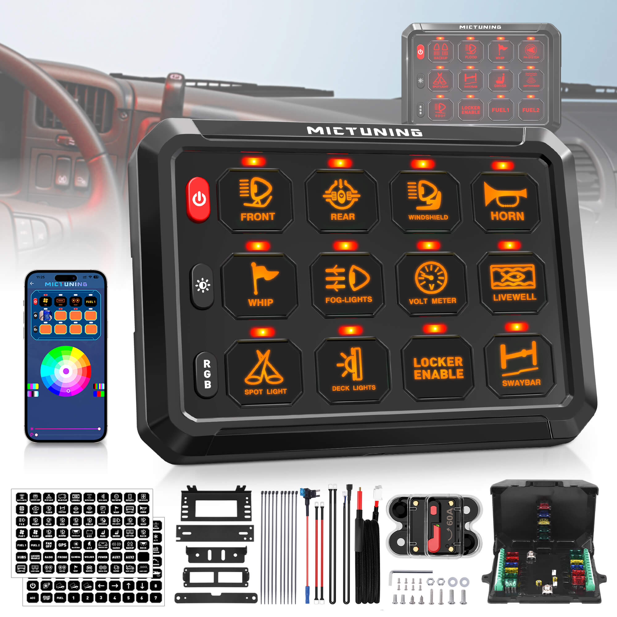 Bluetooth 8/12 Gang 5" RGB Switch Panel P1s, High Power 5-Level Brightness, Multifunction Touch Toggle Switch