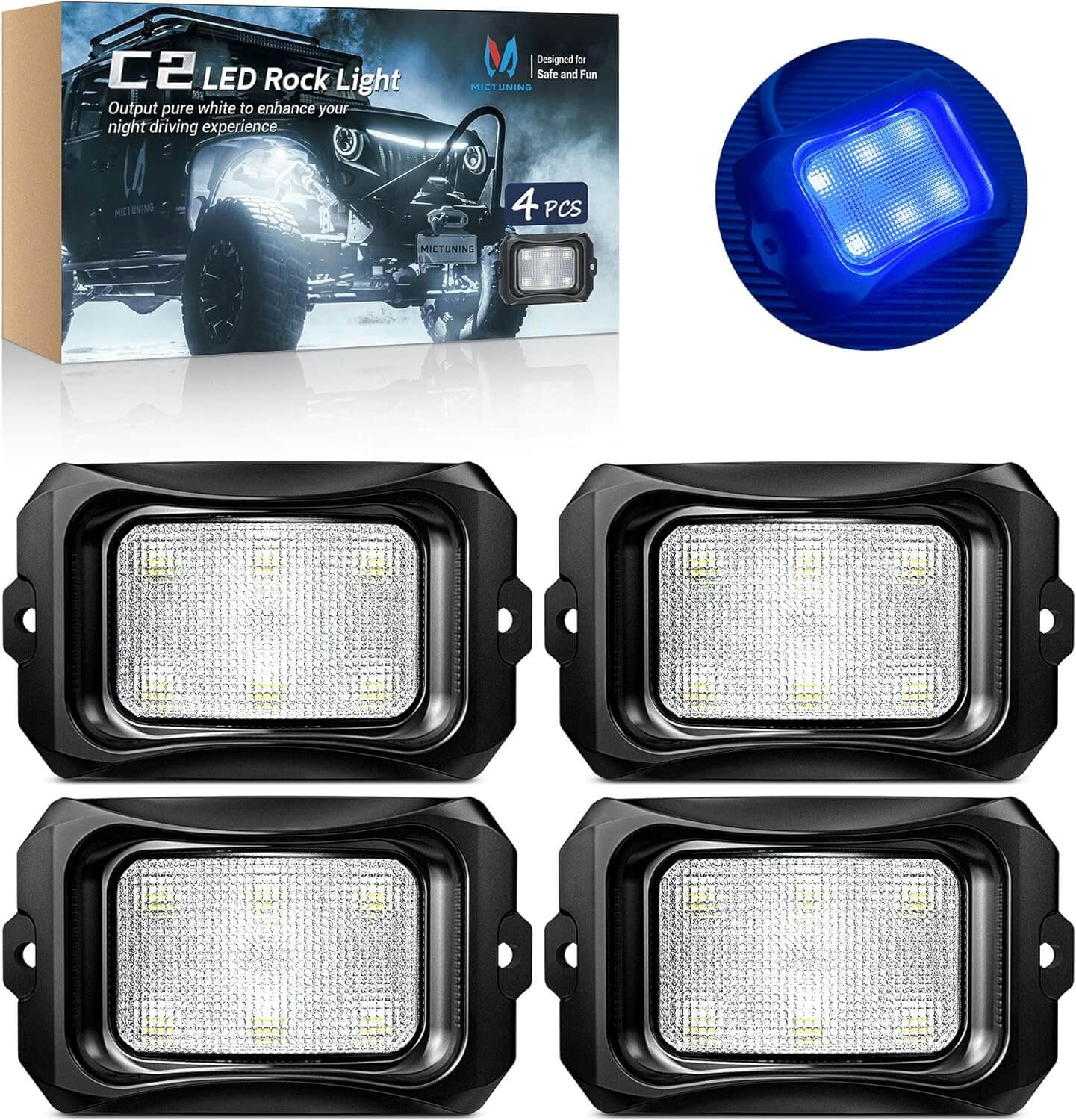 C2 Curved LED Rock Light Pure Sigle Color 4 Pods, White/Blue/Green