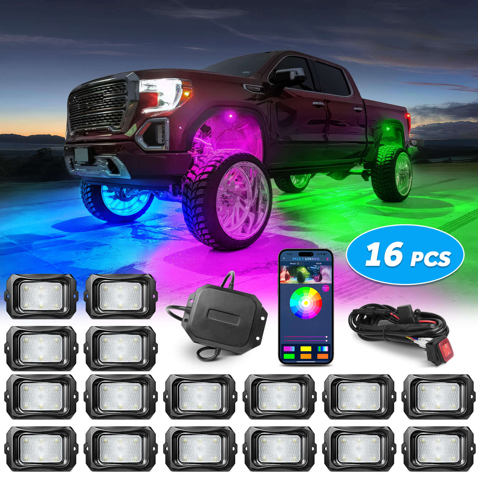 C2 Max RGB+IC Chasing Color Rock Lights Kit, 2-24 Pods, IP68 Waterproof, Black Housing