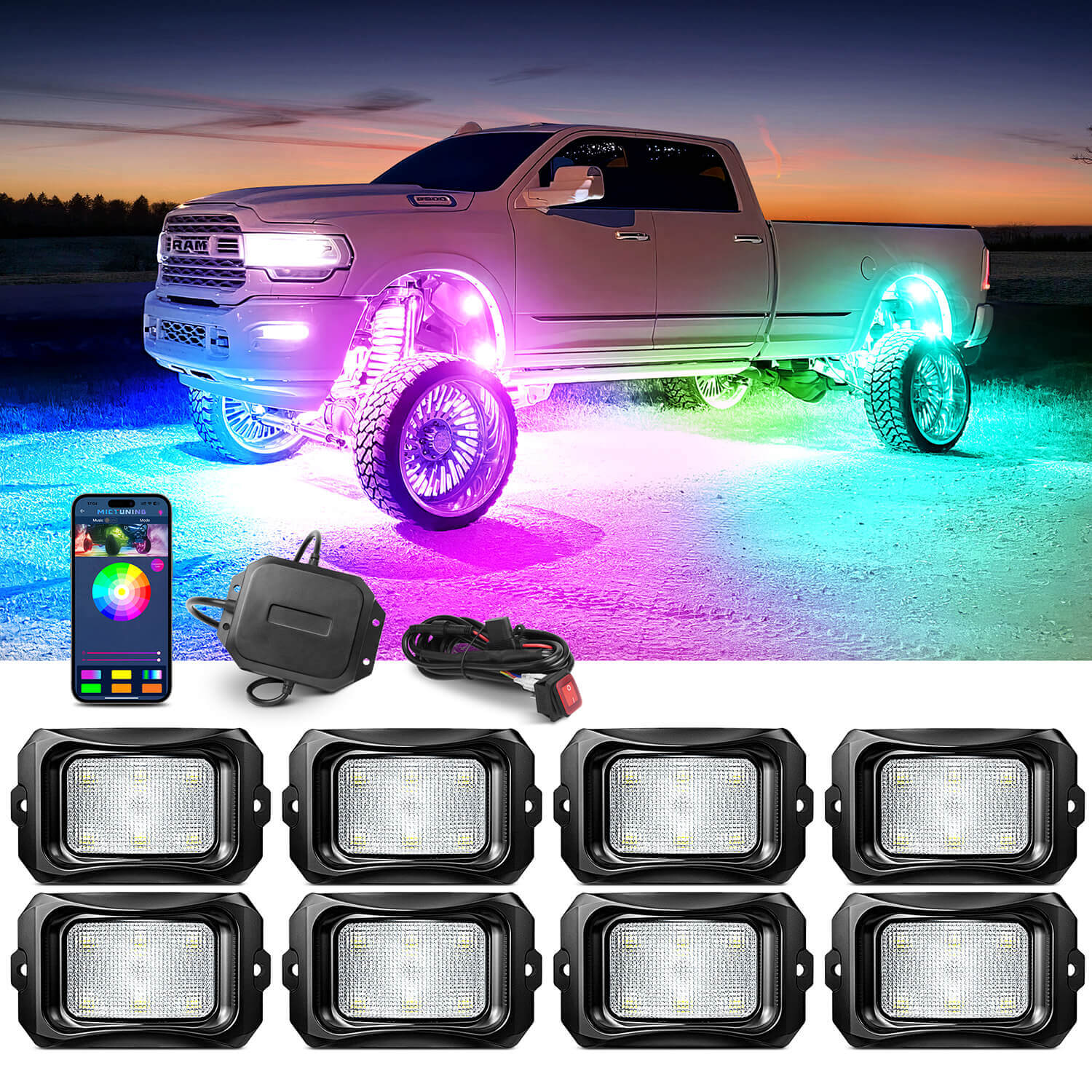C2 Max RGB+IC Chasing Color Rock Lights Kit, 2-24 Pods, IP68 Waterproof, Black Housing