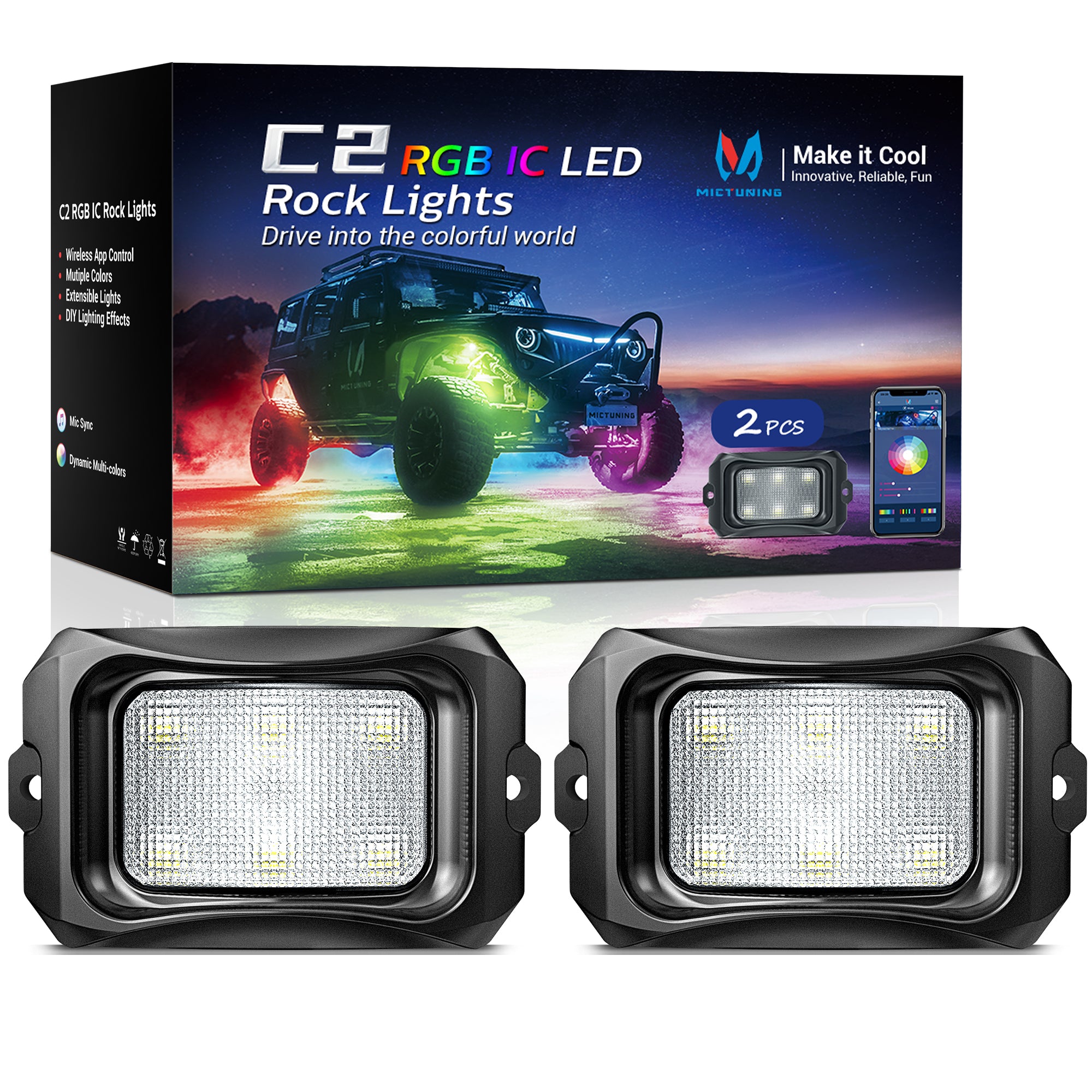 C2 RGB+IC LED Rock Lights Kit, 2-24 Pods, Dynamic Lighting Modes, IP68 Waterproof