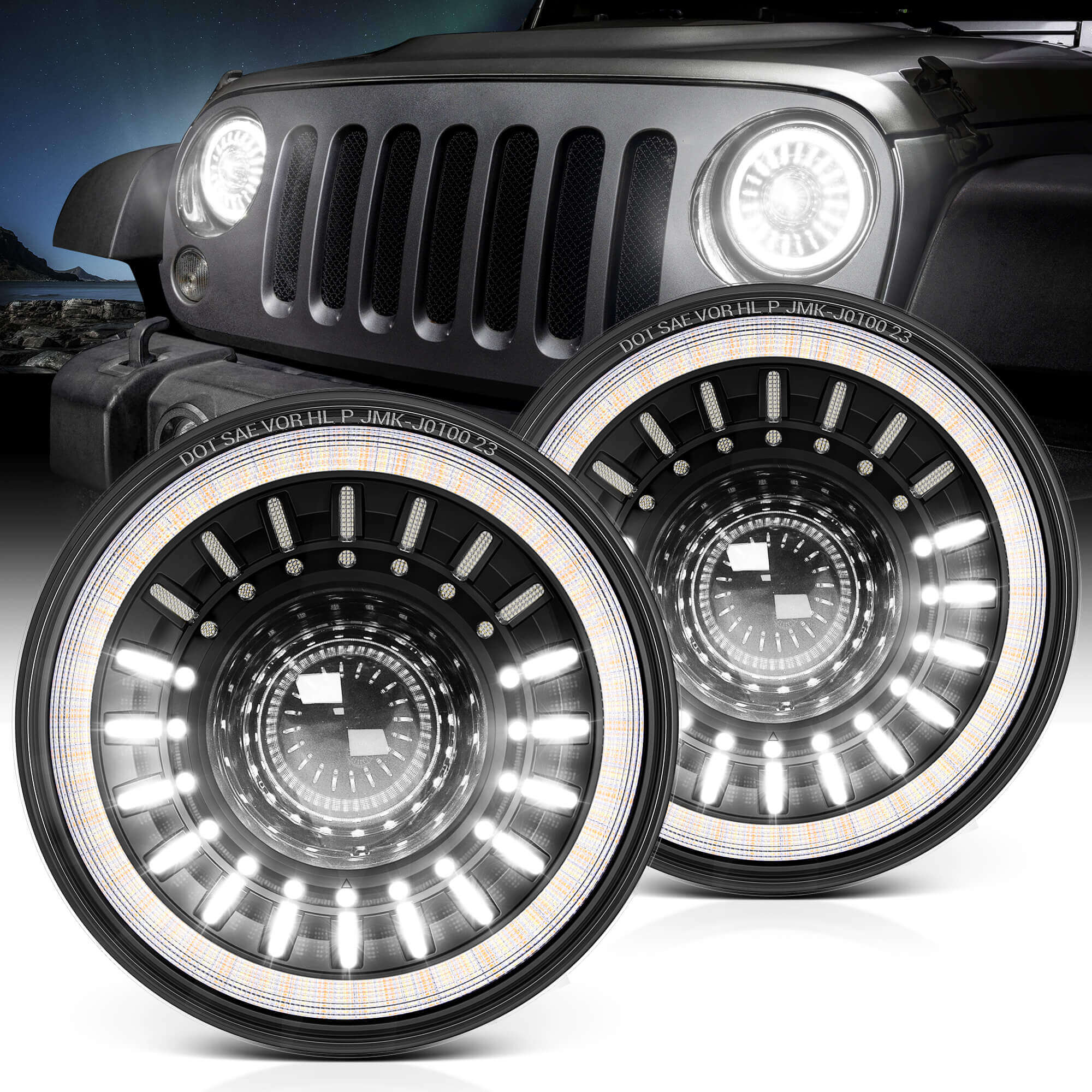 J1 Anti-glare 1000% Brighter 7″ Round Led Headlights with Start-up Gradient Welcome Halo, Motorcycle Headlights