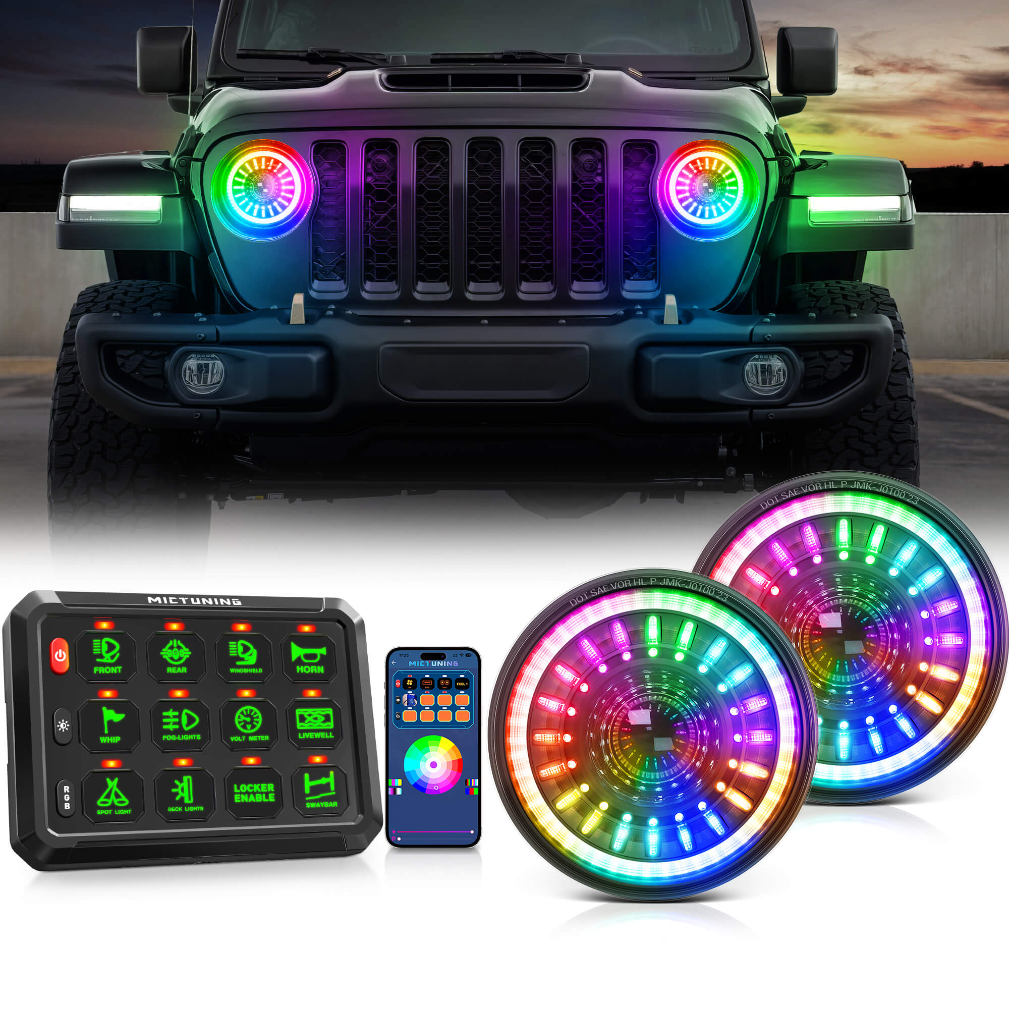 J1 RGB+IC 7″ Anti-glare LED Headlights 2pcs Bundle with P1s Bluetooth RGB Switch Panel