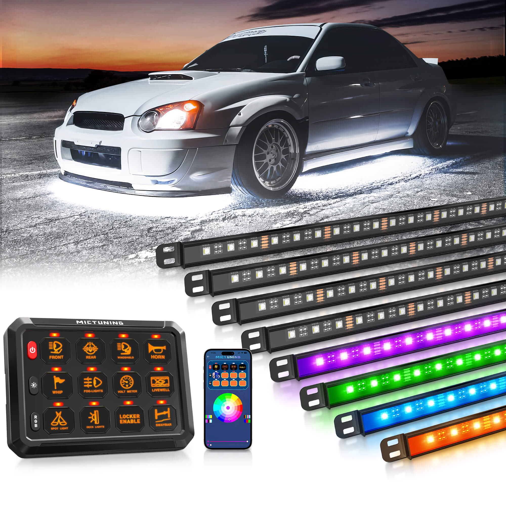 N8 RGBW/RGB+IC Car Underglow Light Kit Bundle with Bluetooth 8/12 Gang RGB Switch Panel P1s