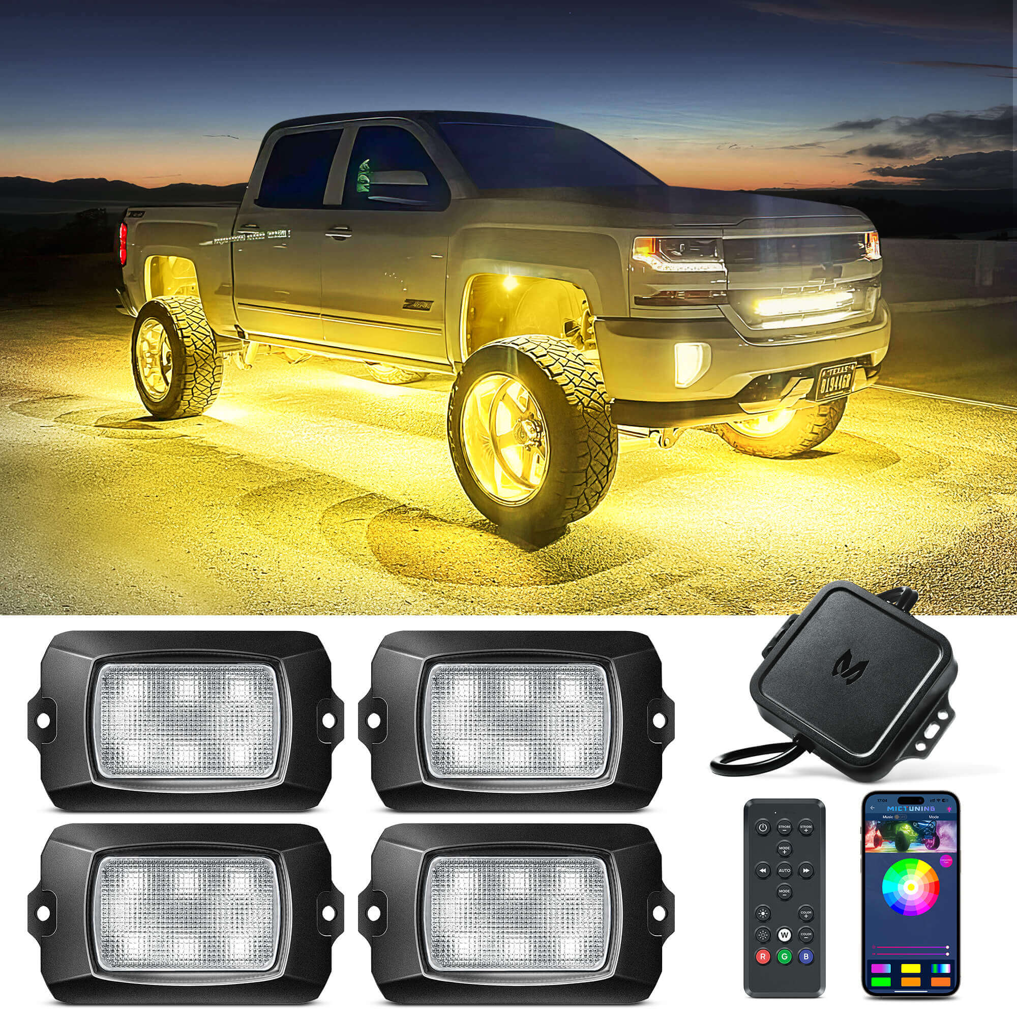 Q1 RGBW LED Rock Lights - 4 Pods Multicolor Neon LED Light Kit, APP + Remote Control