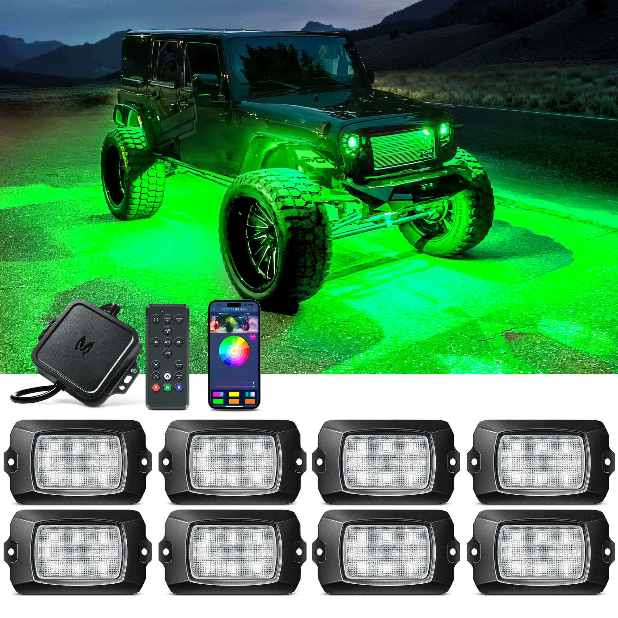 Q1 RGBW LED Rock Lights - 8 Pods Multicolor Neon LED Light Kit, APP + Remote Control
