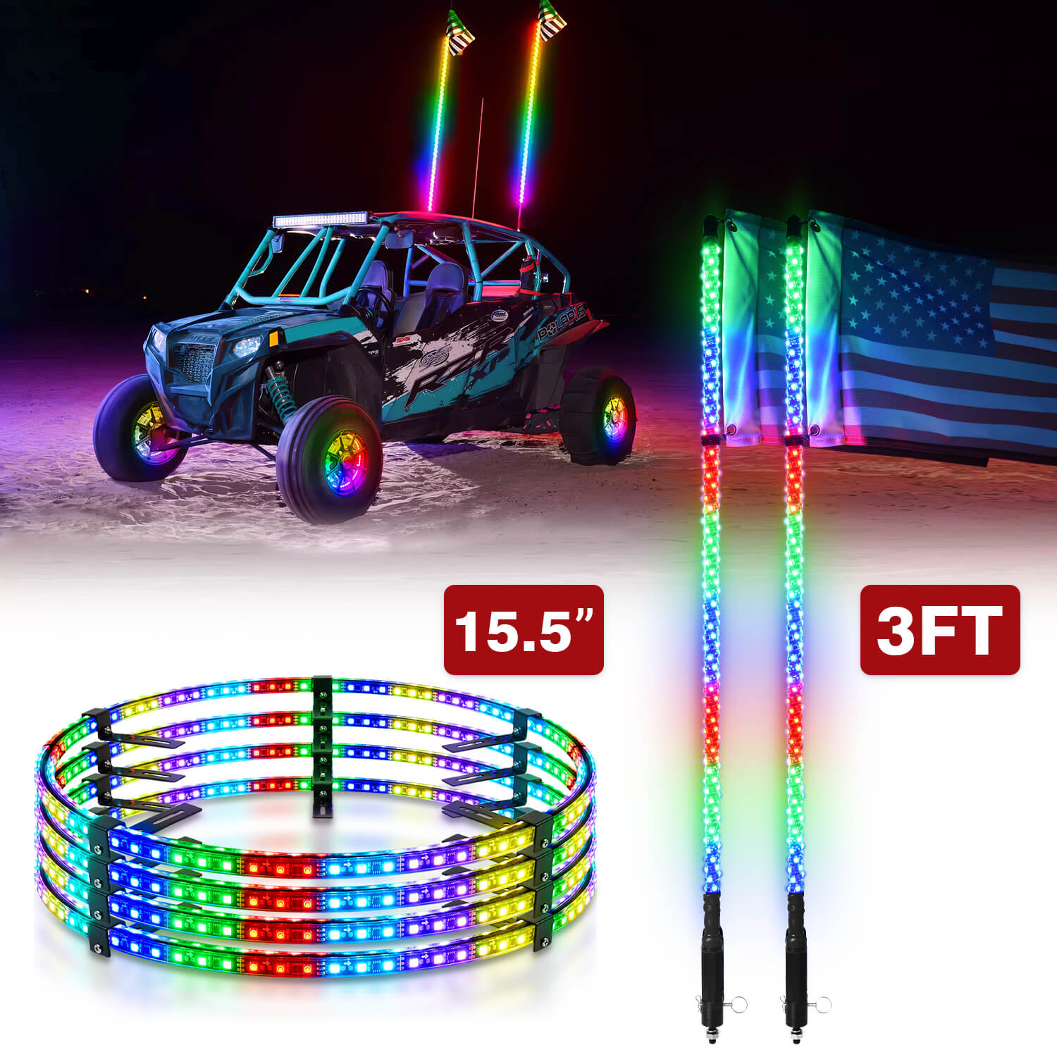 V1 RGB+IC Chasing Color Wheel Ring Lights Kit Bundle with W1 3FT/4FT Whip Lights with Flag 10pcs