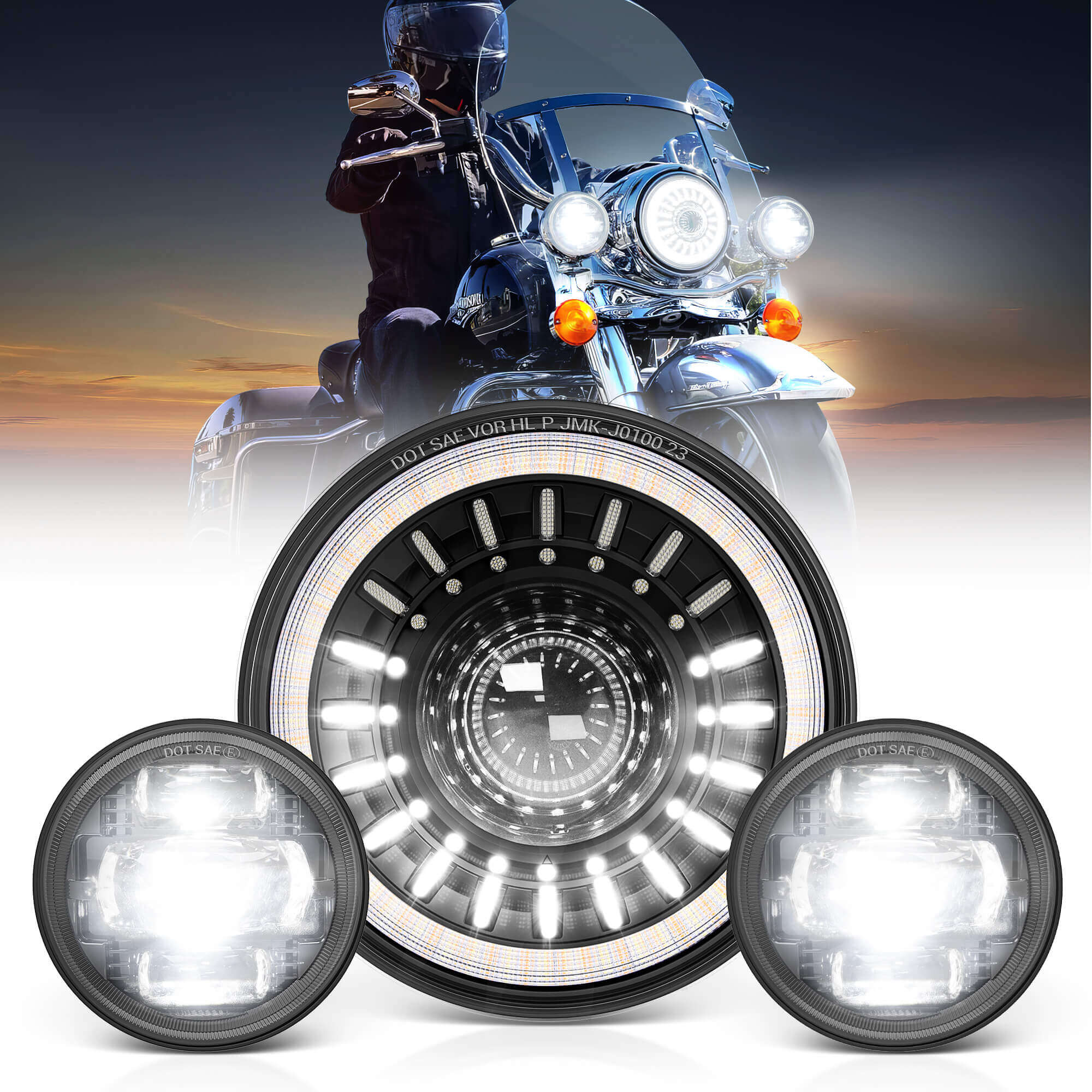 J1 7″ Motorcycle LED Headlight w/ 4.5″ Fog Lights Assembly, Head Lamp Kit, DOT Approved, Compatible with Electra Glide Road King Softail