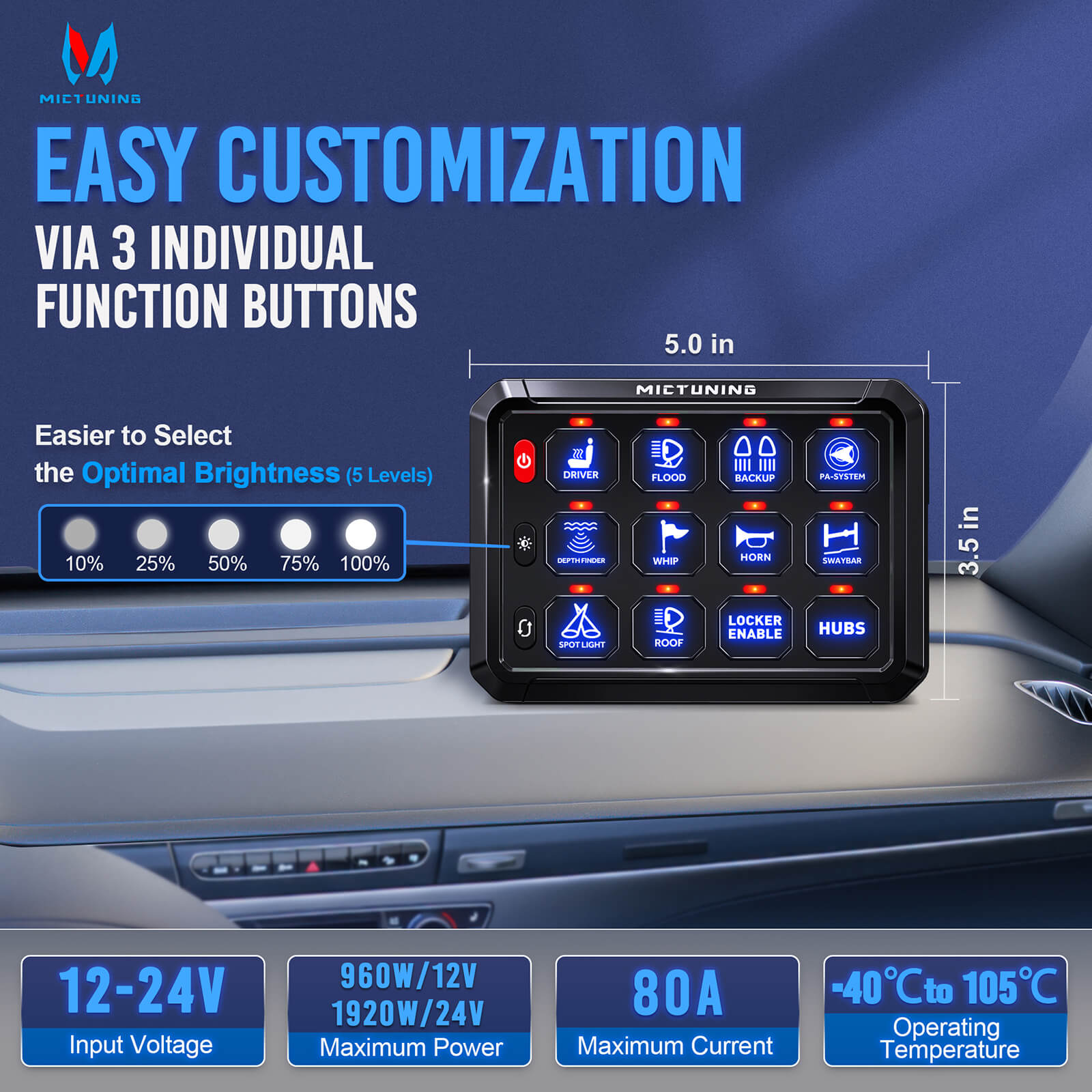 P1S Blue/Green 8/12 Gang Switch Panel 5″ Multifunction Toggle Momentary Pulsed Circuit Control Box Switch Panel