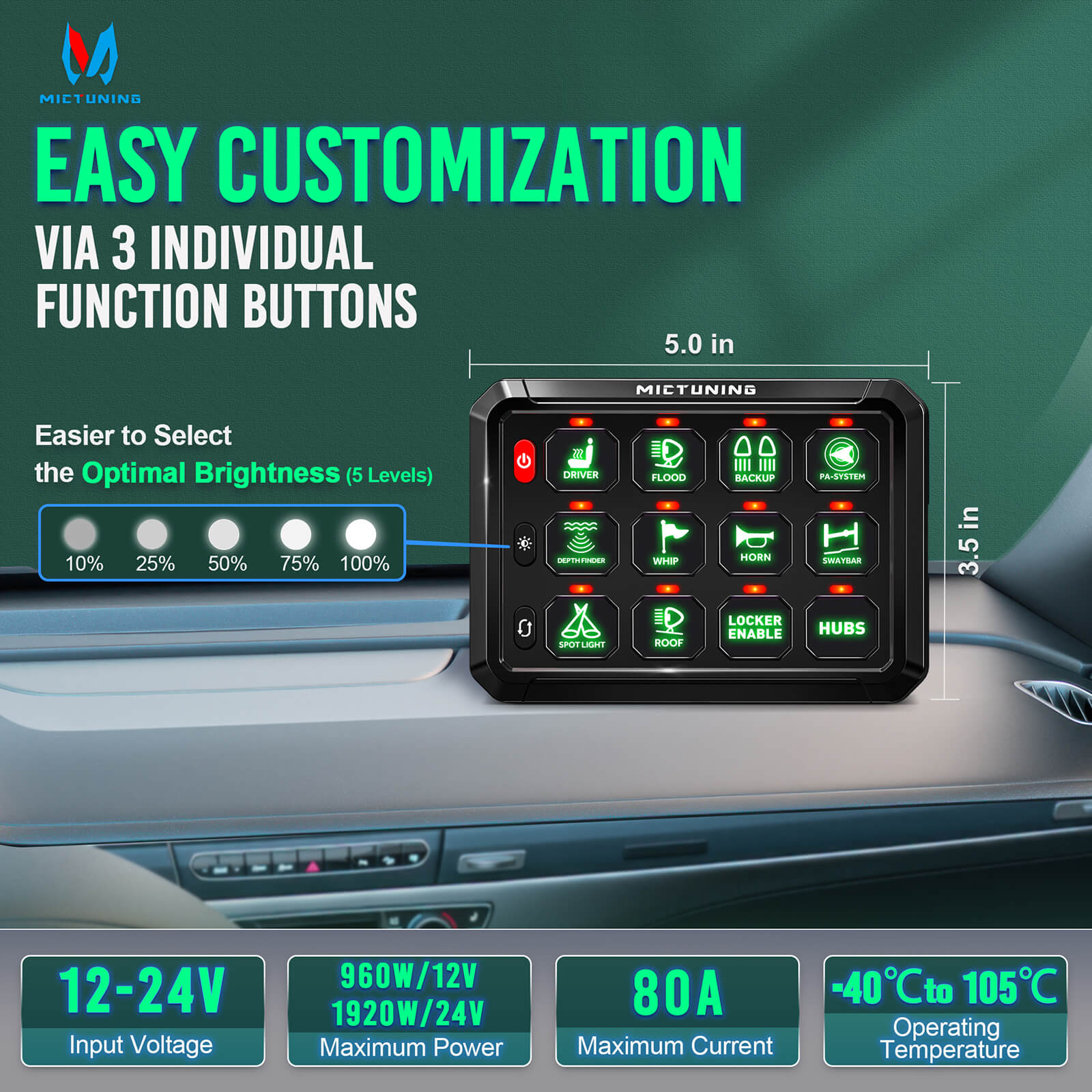 P1S Green 8/12 Gang Switch Panel 5″ Multifunction Toggle Momentary Pulsed Circuit Control Box Switch Panel