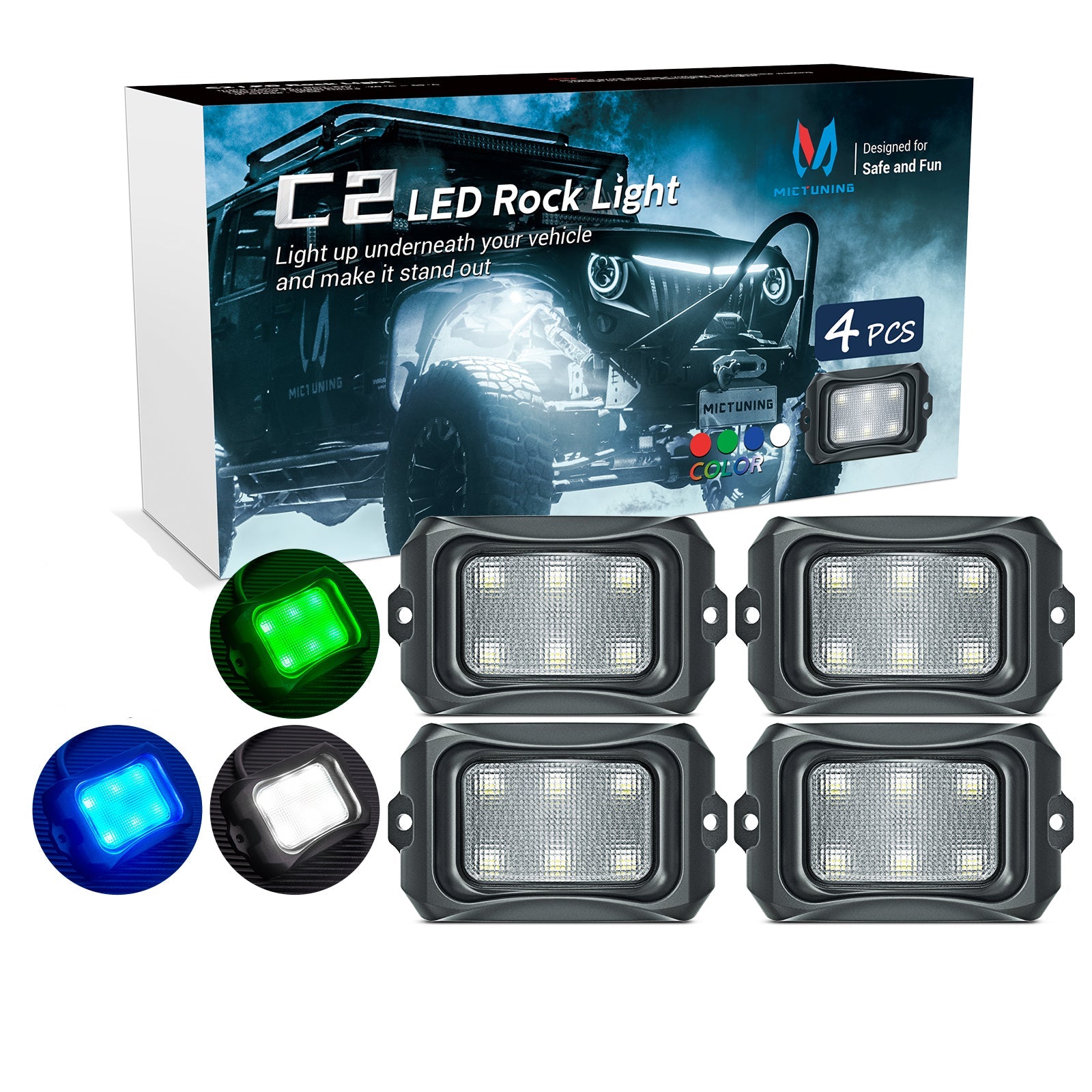 C2 Curved LED Rock Light Pure Sigle Color 4 Pods, White/Blue/Green