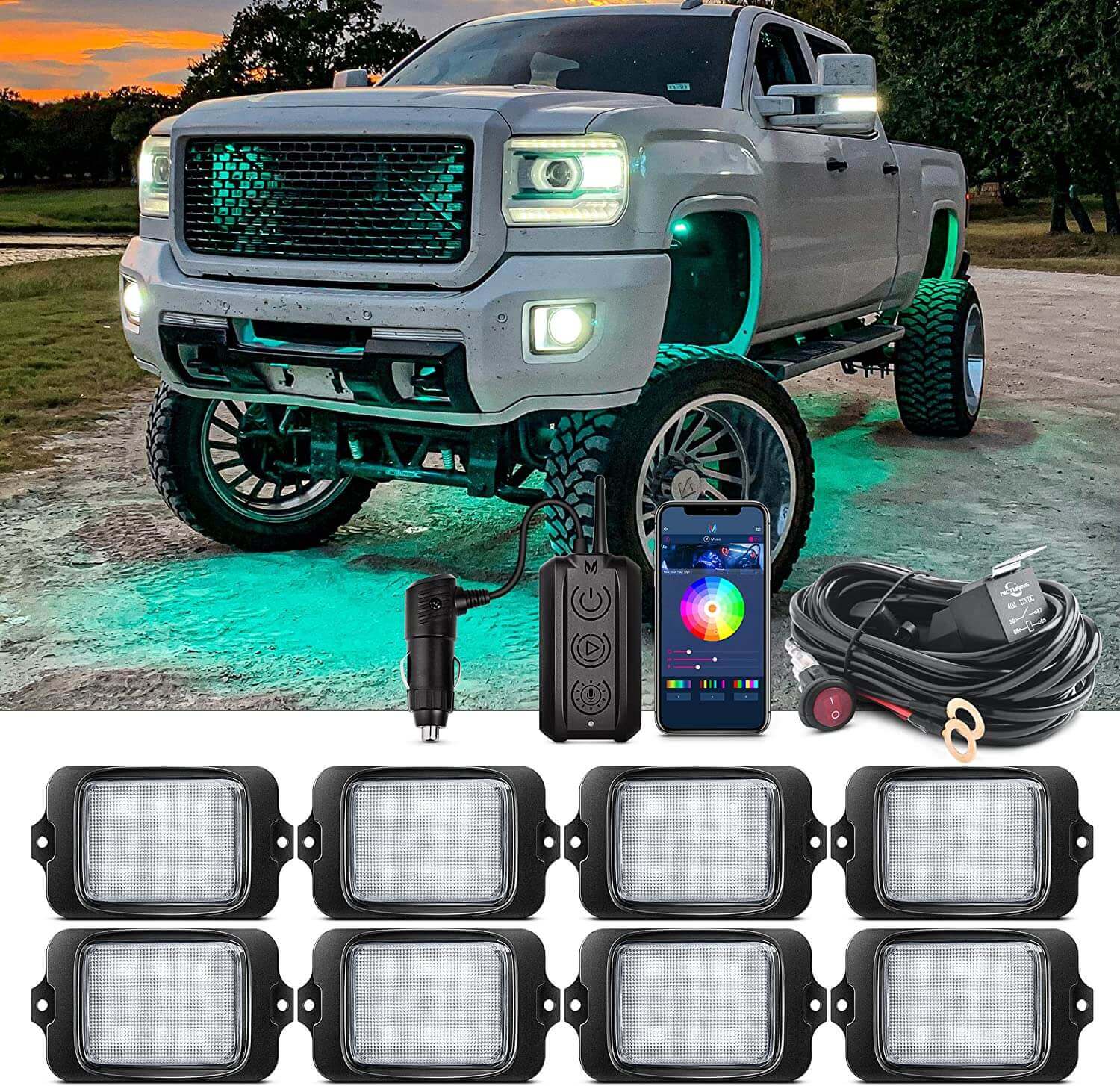 C3 Extensible RGBW LED Rock Lights - 8 Pods Wireless Control Multi-Color Neon Underglow Lights