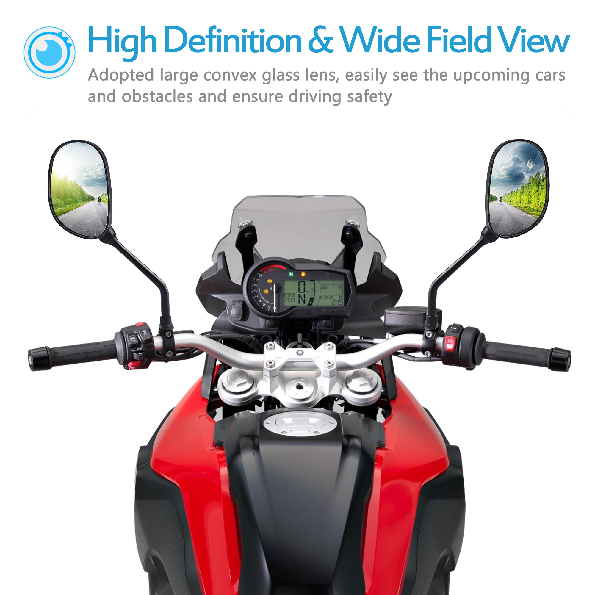 ATV Side Rear View Mirrors - 360 Degrees Ball-Type Adjustment with Threaded Bolt, 7/8" Handle Bar Mount Clamp