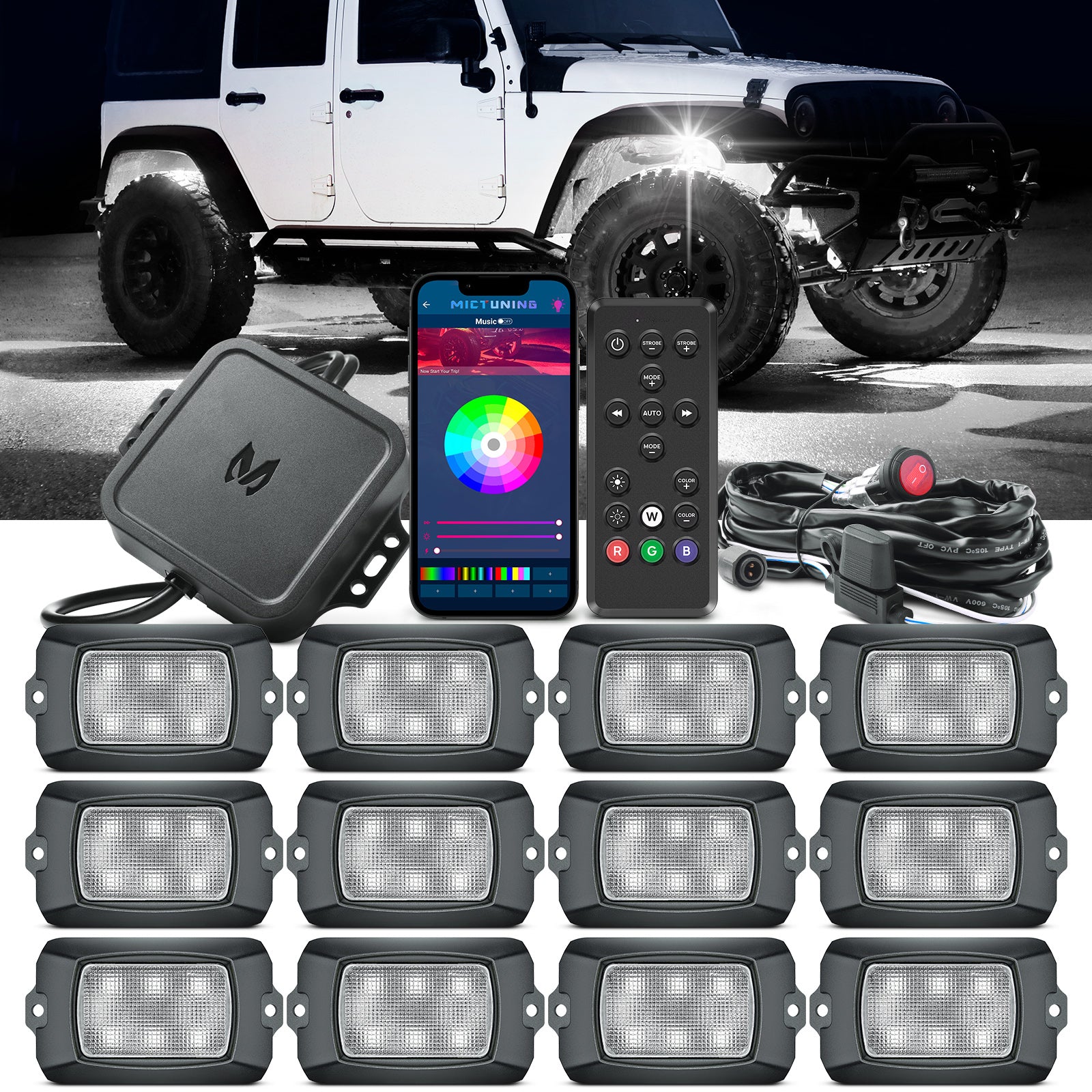 Q1 RGBW LED Rock Lights - 12 Pods  Neon LED Light Kit